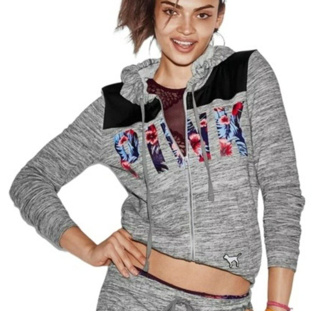 PINK Victoria's Secret Hoodie Women M Perfect Tropical Logo Grey Black w/ Floral